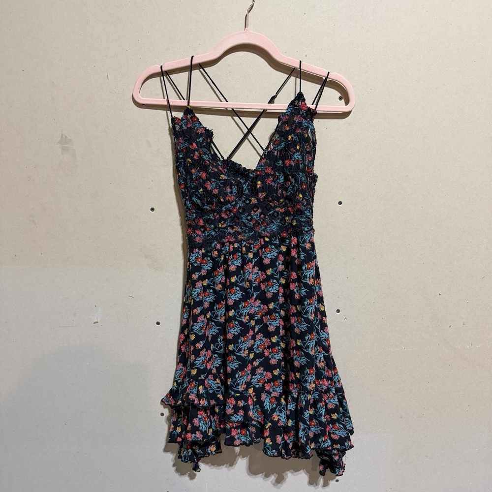 Free People Fp One Adella Slip Mini Dress Printed Lace Ruffle Festival Sz S Flaw